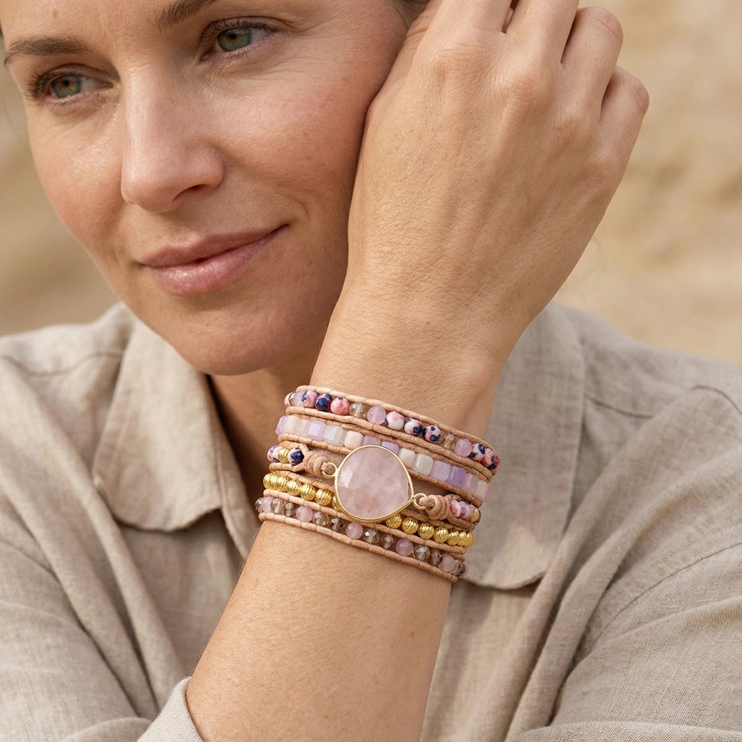 Pulsera de cuarzo rosa curativa