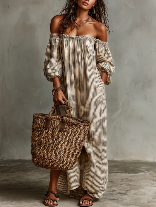 Carmen | Vestido de lino y algodón con hombros descubiertos