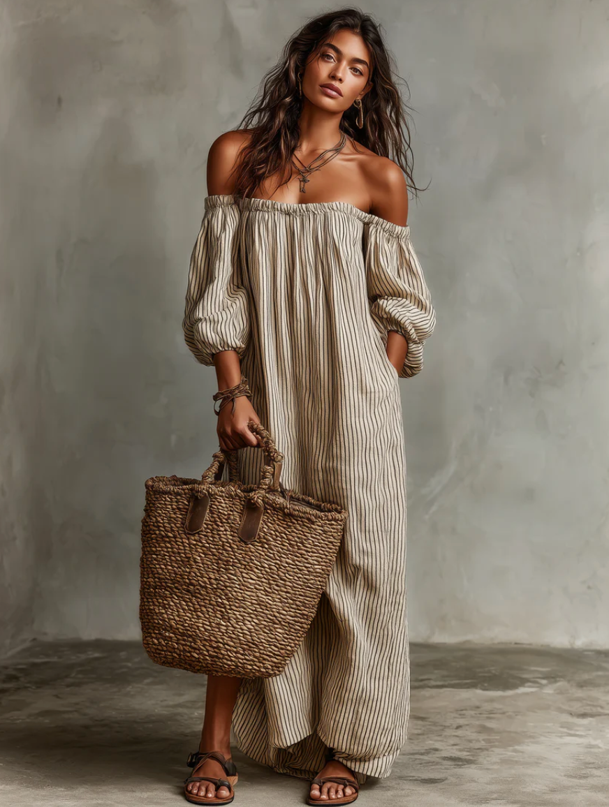 Carmen | Vestido de lino y algodón con hombros descubiertos