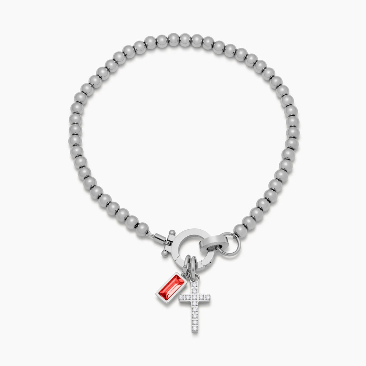 Pulsera con dije de cruz y piedra natal de cuentas