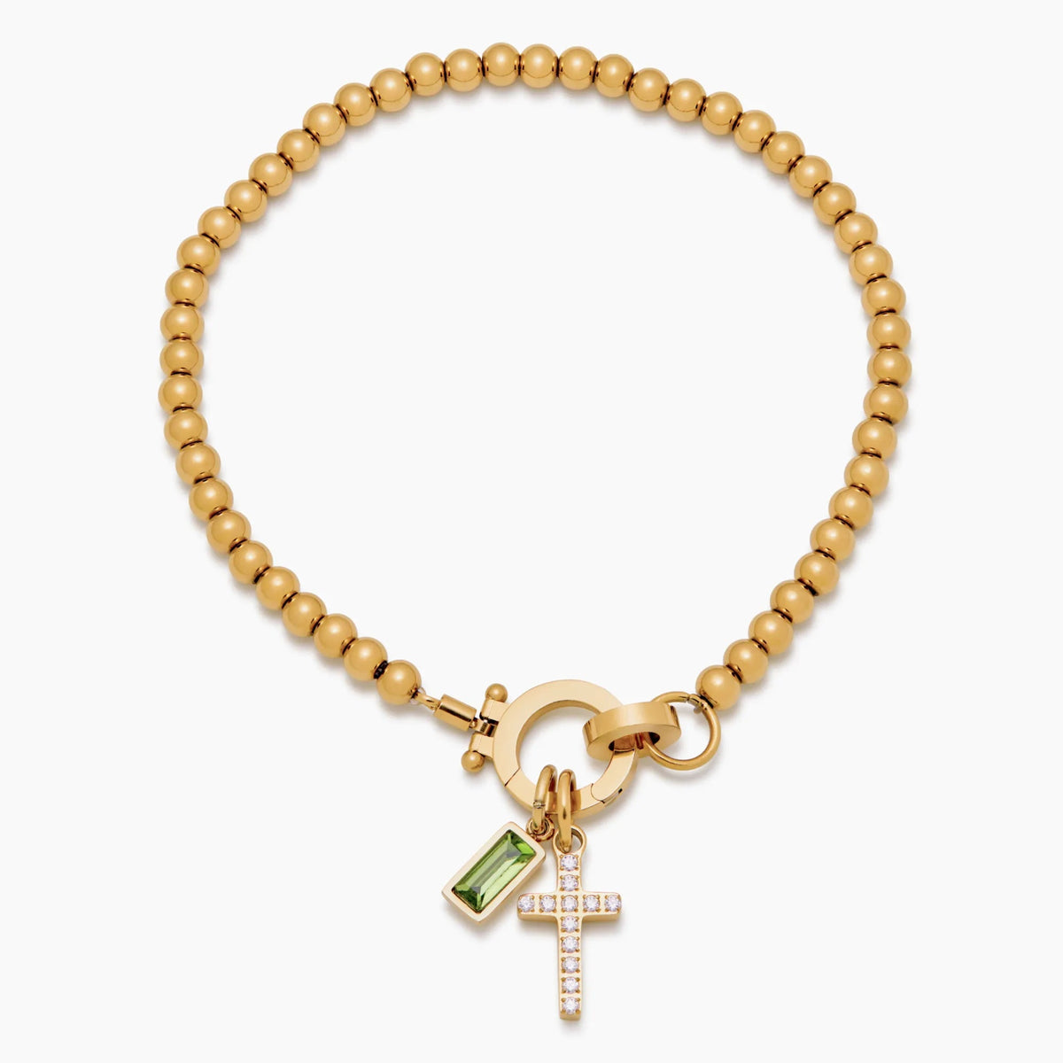 Pulsera con dije de cruz y piedra natal de cuentas